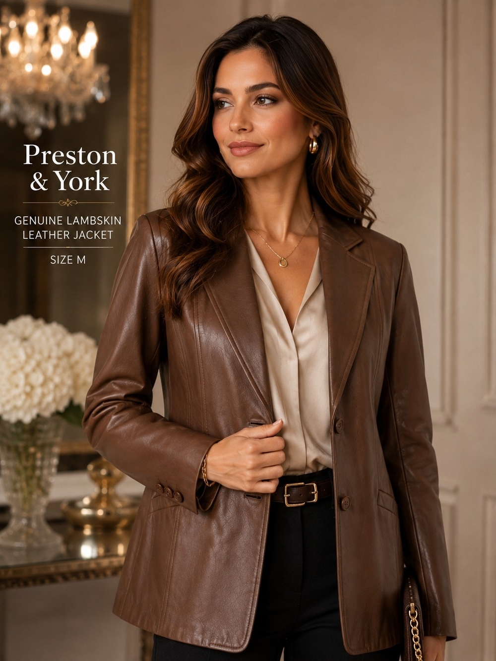 Preston & York Genuine Lambskin Leather Blazer Jacket Brown Sz.M Classic EUC